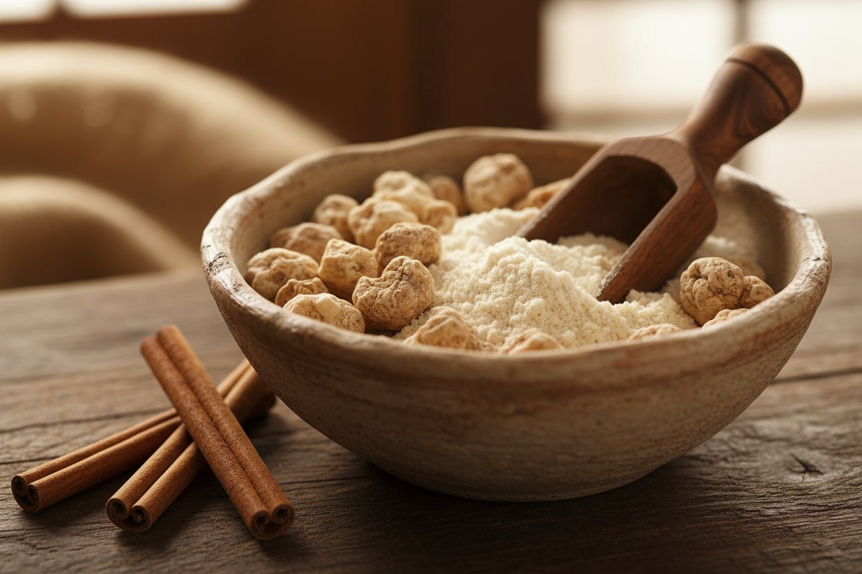 Kâsede tarçınlı salep karışımı ve tarçın çubukları